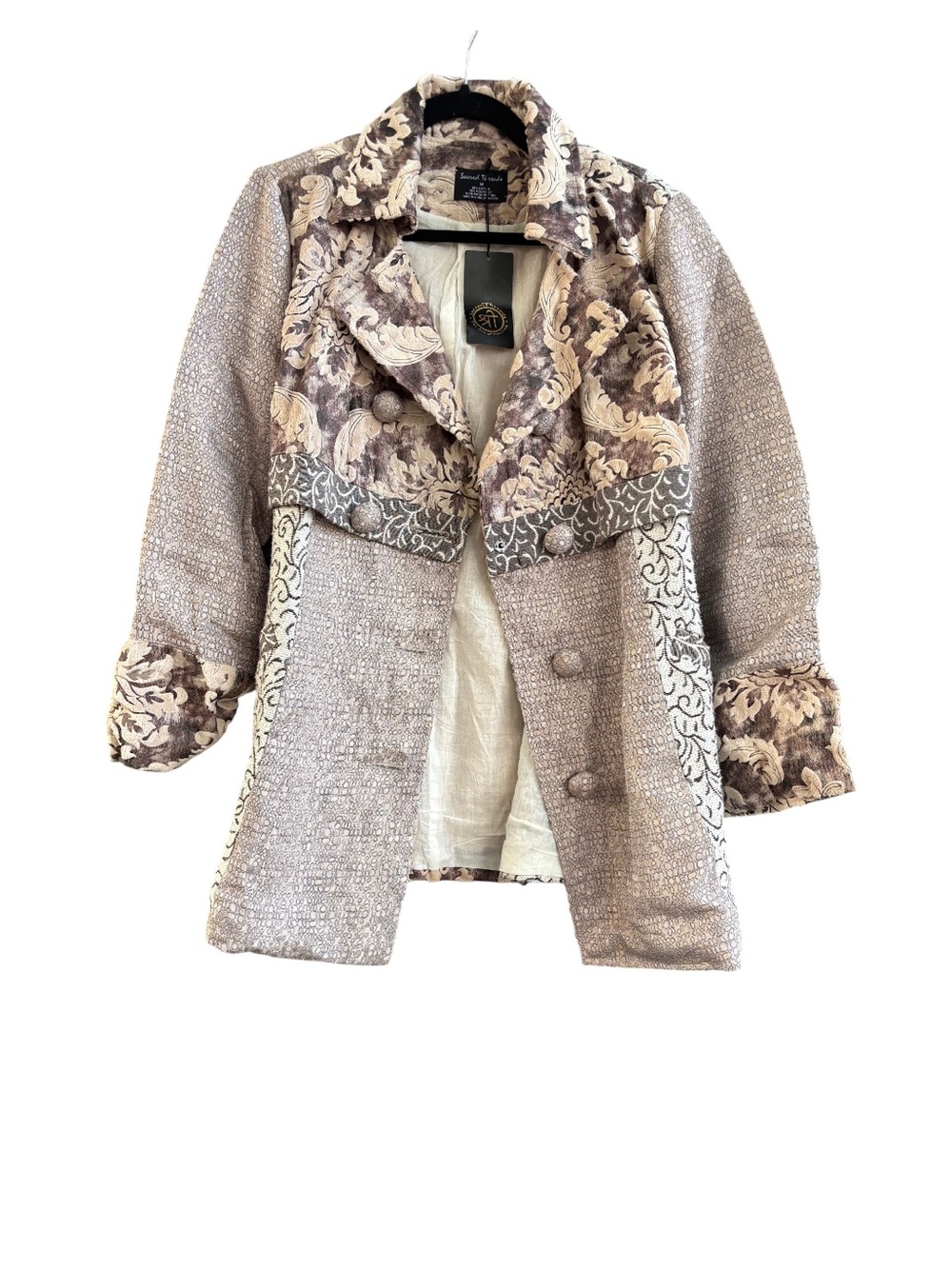 Sacred Threads Floral Trim Teddy Jacket in Taupe and Cream